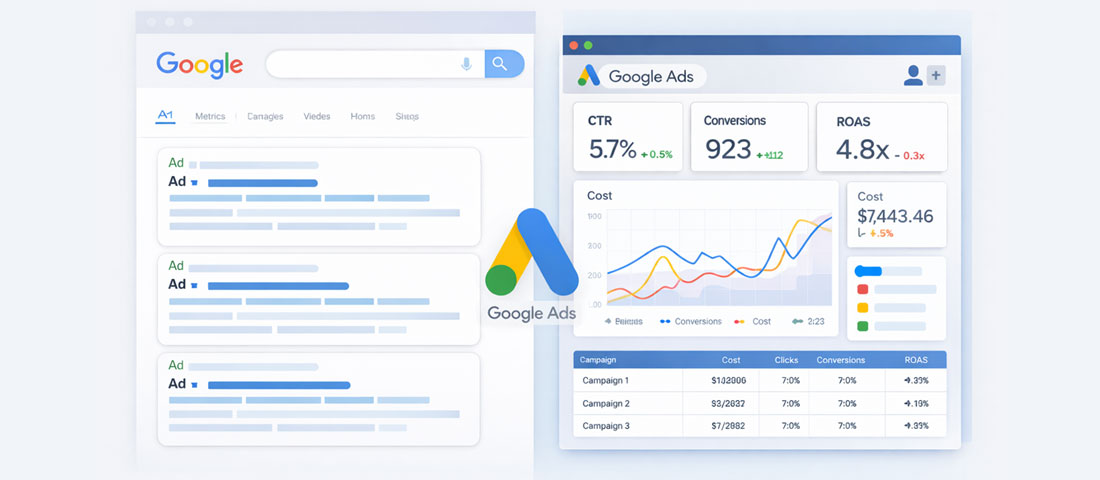 PPC Google Ads strategy 2026 showing paid search campaign dashboard with performance metrics clicks conversions and return on ad spend