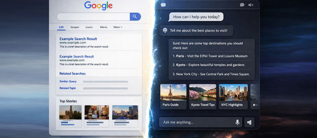 AI search optimization AEO GEO AIO LLMO showing traditional search versus AI-powered search results in 2026