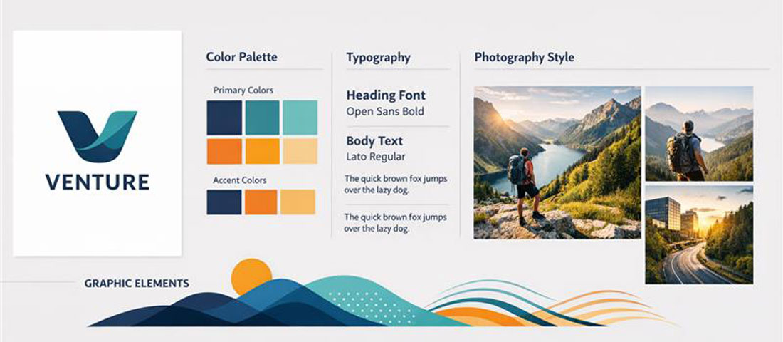 Visual identity system components laid out showing logo, colour palette, typography, photography style and graphic elements in a cohesive spread