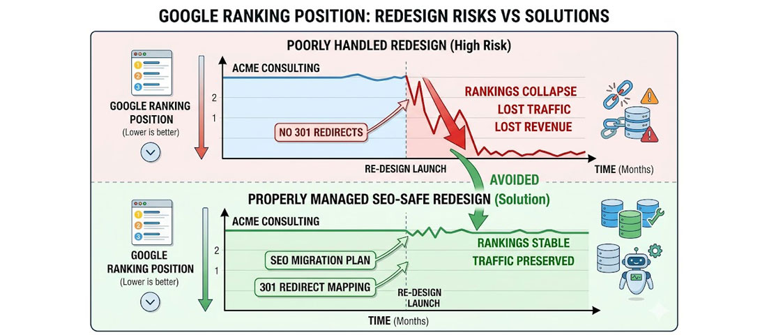SEO rankings graph during website redesign showing ranking drop from poor redirects versus stable rankings from SEO-safe redesign strategy
