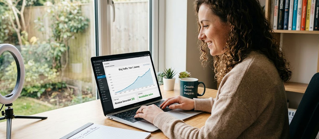 WordPress blog growth and monetization showing content creator at laptop with rising traffic analytics and revenue dashboard in 2026