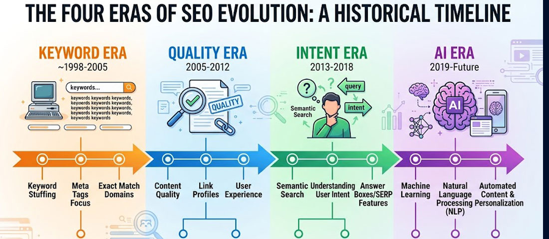 SEO evolution timeline 1998 to 2026 showing keyword era quality era intent era and AI era with key Google algorithm updates
