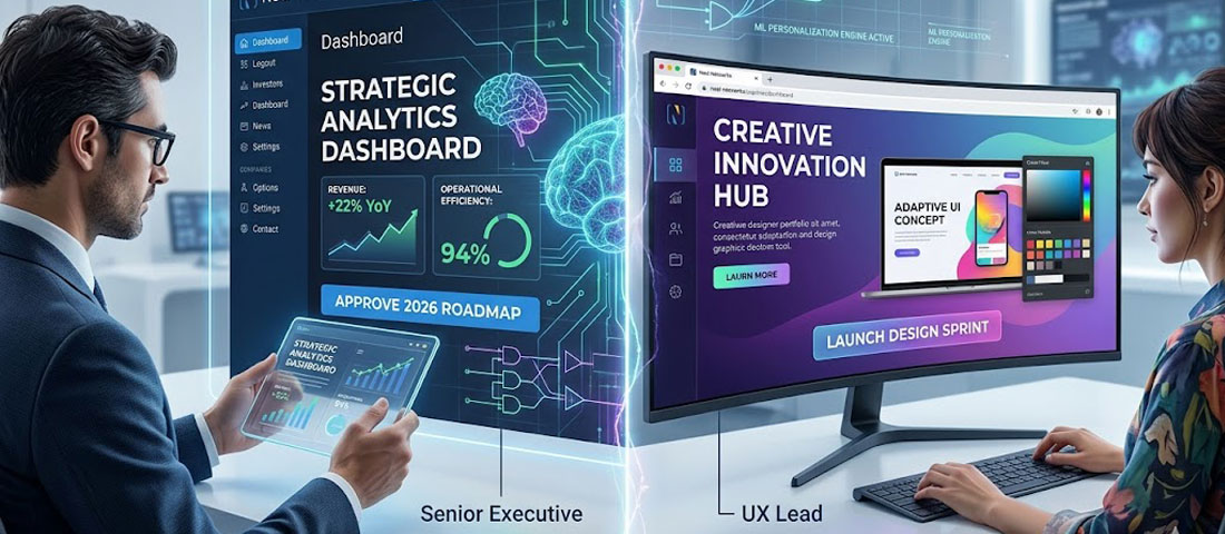Intelligent web design concept showing AI-powered personalised website experience adapting content for different users in real time