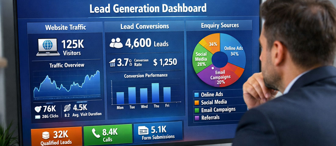 Business owner reviewing lead generation dashboard showing traffic, conversions and enquiry sources