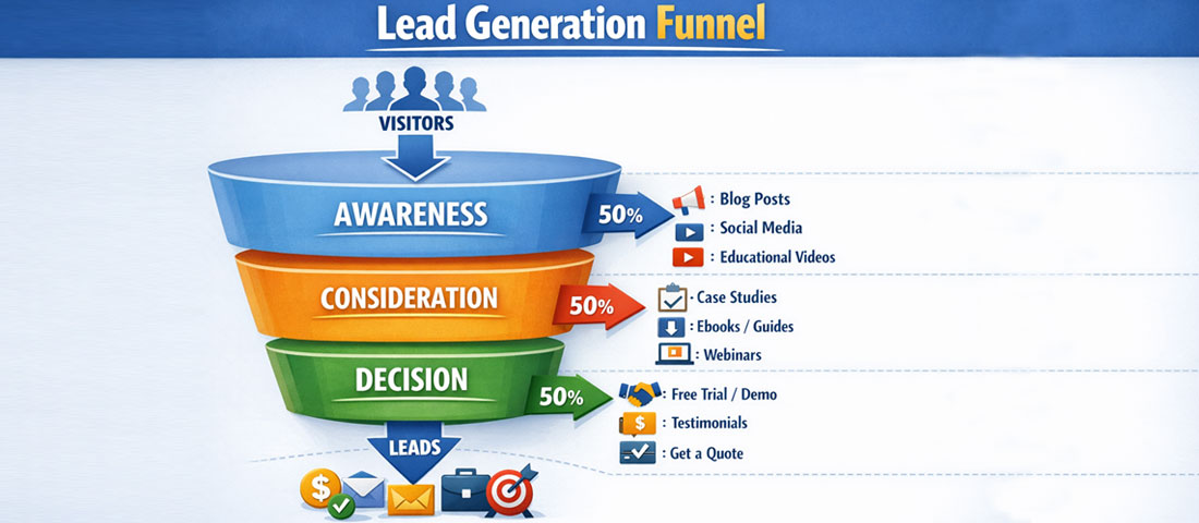 Lead generation funnel showing awareness, consideration and decision stages with content types at each level