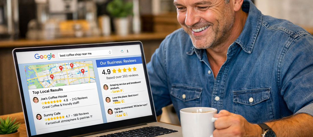 Local business owner reviewing positive Google reviews and local search rankings on laptop representing successful local SEO results