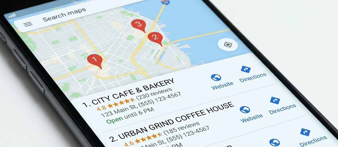 Google Maps local SEO 3-pack showing three local businesses with ratings addresses and phone numbers representing prime local search visibility