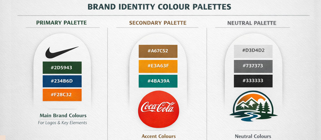 Brand identity colour palette examples showing primary, secondary and neutral colour combinations with HEX codes and usage guidelines