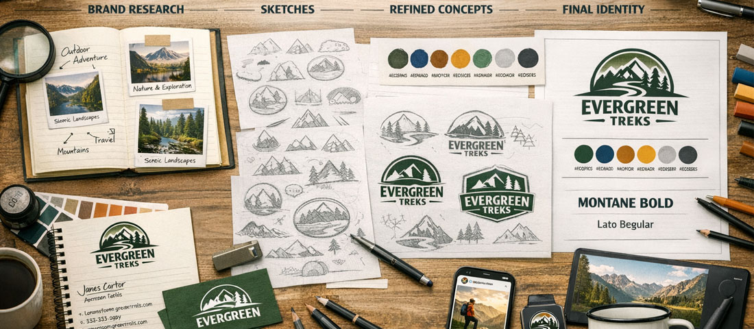 Strategic logo design process showing brand research, sketches, refined concepts and final identity system on a designer's desk