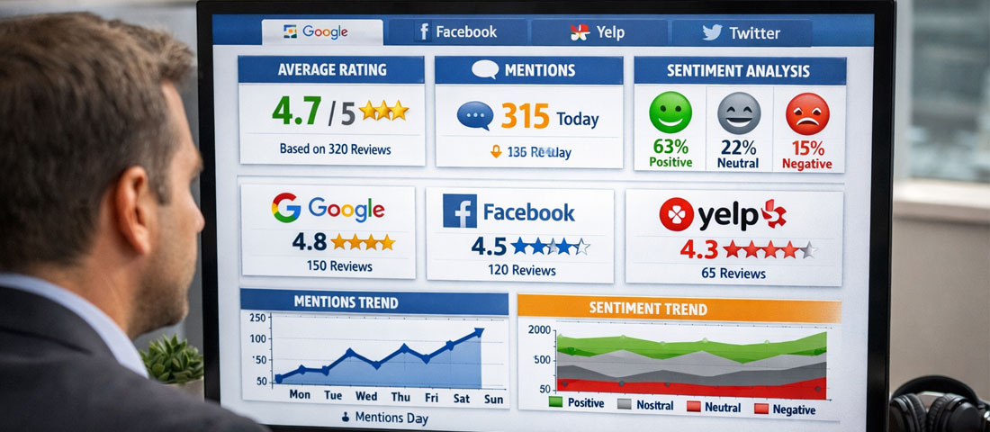 Business professional monitoring online reviews and brand mentions across multiple digital platforms on a desktop screen