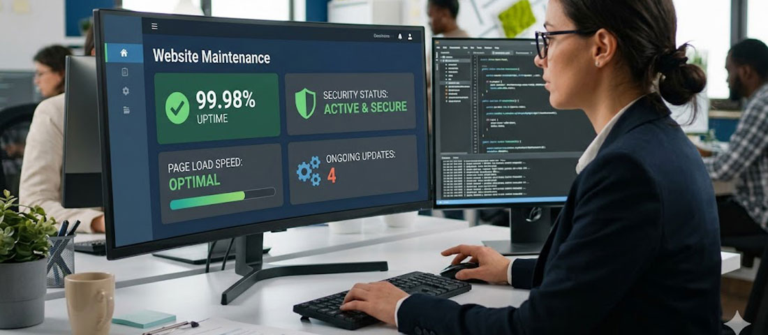 Website maintenance services showing developer monitoring website uptime security and performance metrics for ongoing business website care