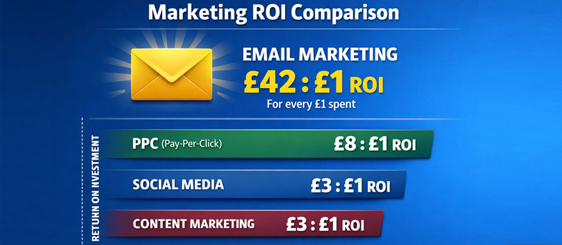Email marketing ROI comparison chart showing email generating highest return on investment compared to other digital marketing channels in 2026