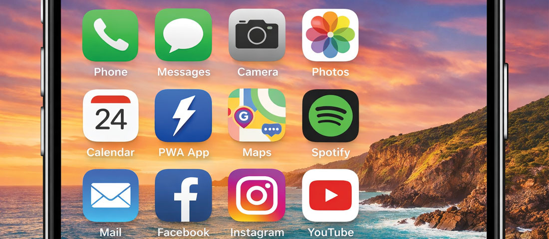 Progressive web app installed on smartphone home screen showing PWA icon alongside native apps representing app-like web experience without app store