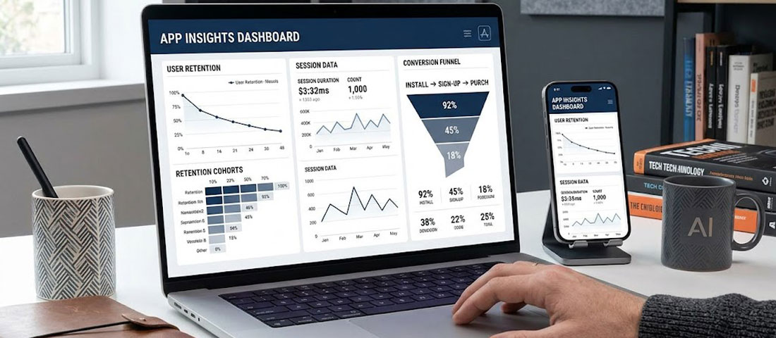 Mobile app analytics dashboard displayed on a laptop and smartphone showing user retention, session data and conversion funnel metrics
