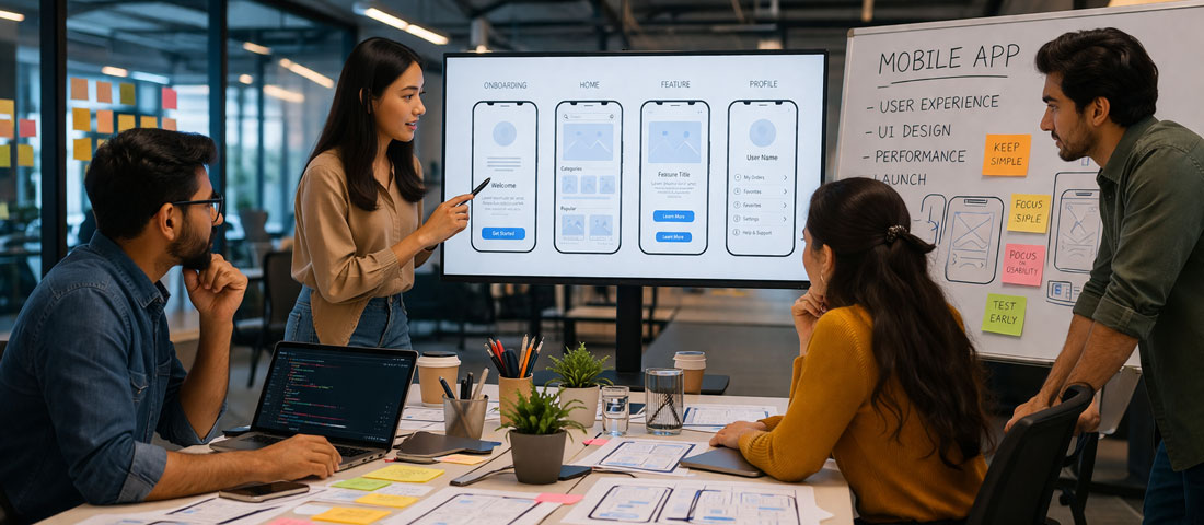 Mobile app development team reviewing wireframes and user interface designs on screens in a modern office