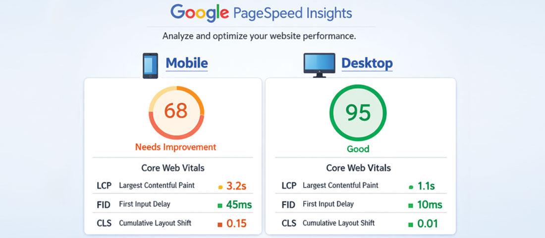 Google PageSpeed Insights results showing Core Web Vitals scores for mobile and desktop performance measurement and website speed testing