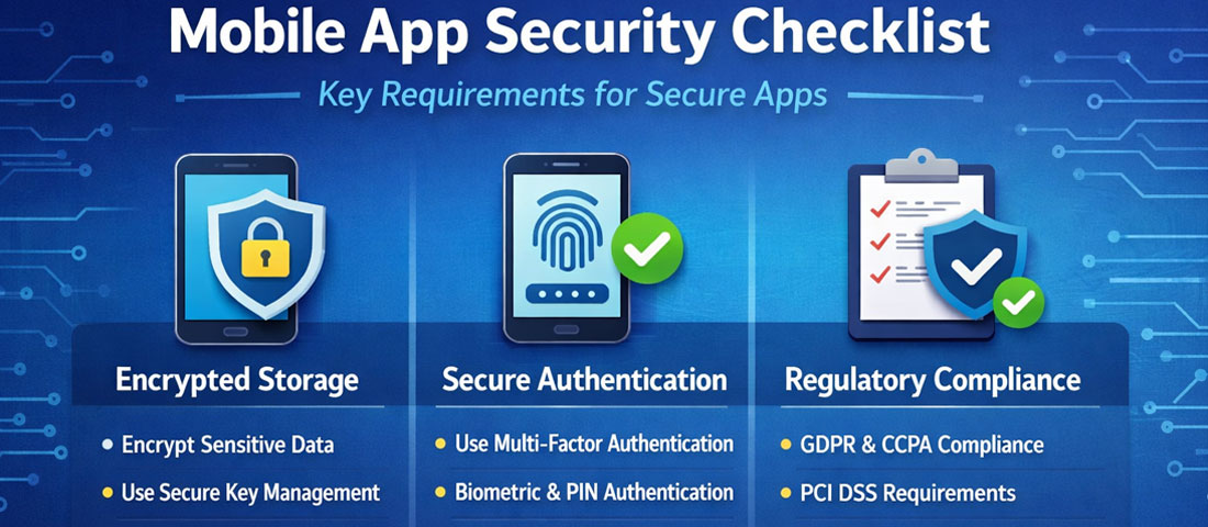Mobile app security checklist infographic showing key requirements for encrypted storage, authentication and compliance