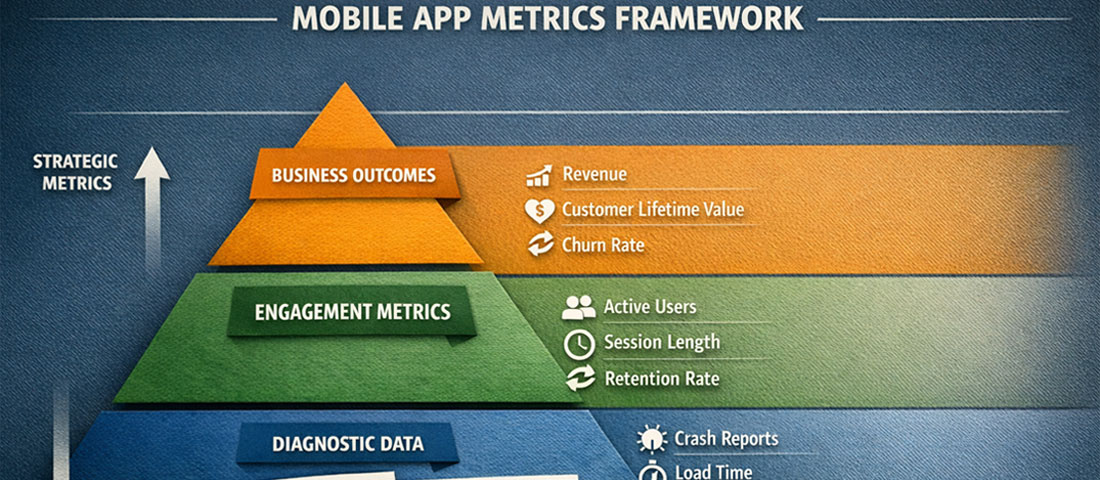 Three-tier mobile app metrics framework showing business outcomes, engagement metrics and diagnostic data with examples at each level
