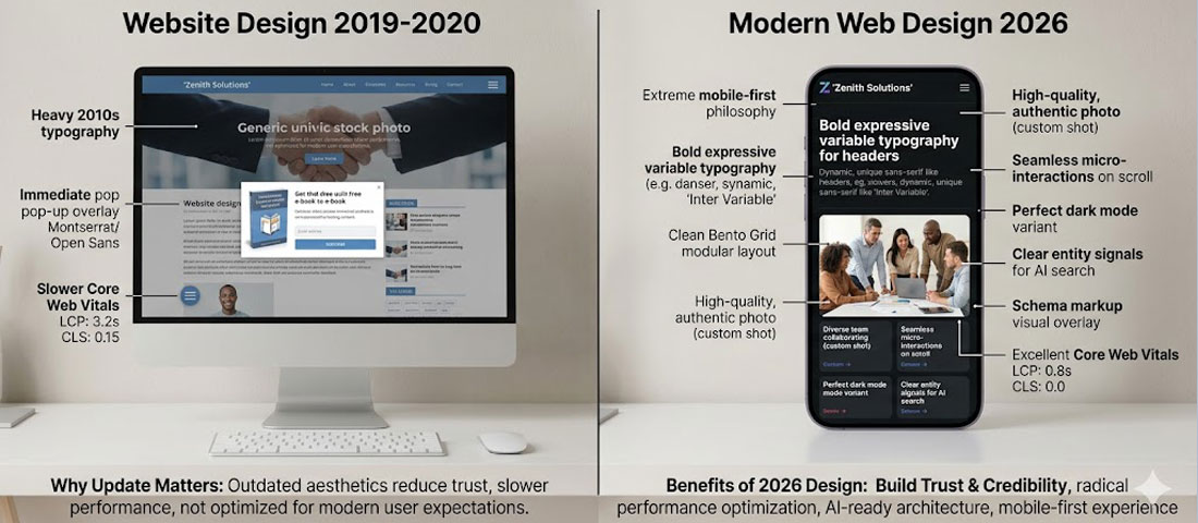 Web design evolution showing comparison between outdated 2019 website design and modern 2026 website design standards