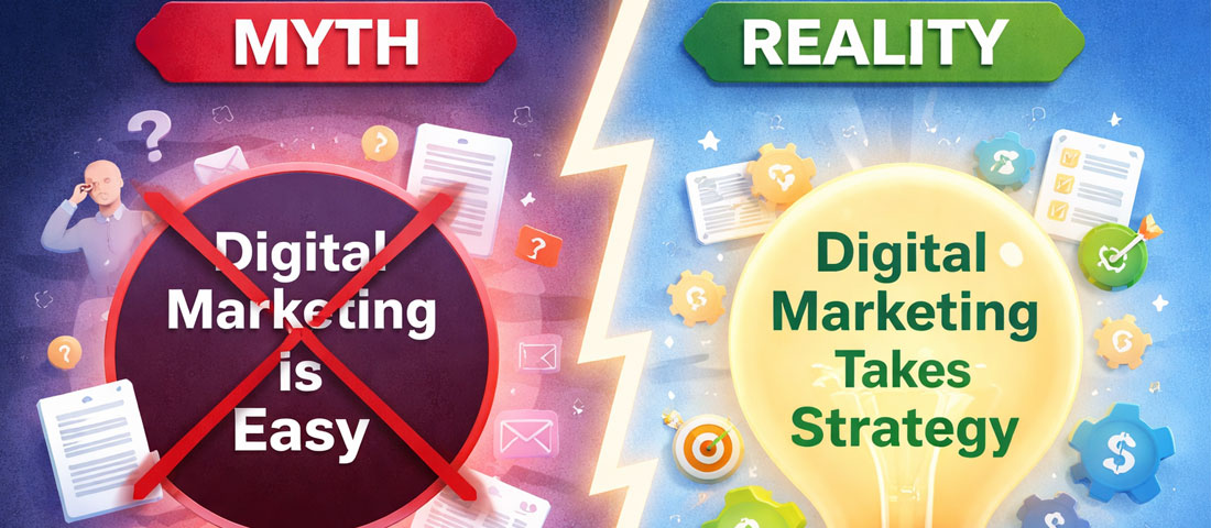 Digital marketing myths versus reality showing common misconceptions that hurt businesses and the evidence-based truth behind each myth in 2026