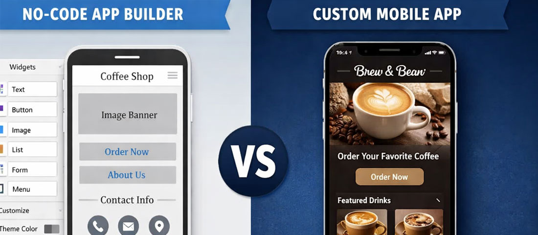 Side-by-side comparison of no-code app builder interface versus custom mobile app design showing capability and quality difference