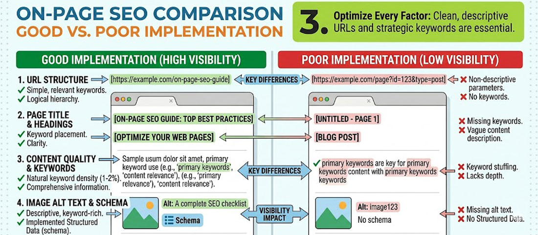 Side-by-side comparison of good versus poor on-page SEO implementation across key factors