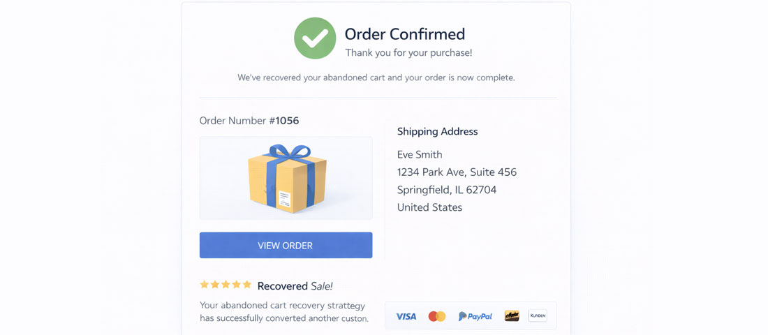 eCommerce store showing successful checkout completion page with order confirmation representing recovered sale from cart abandonment strategy