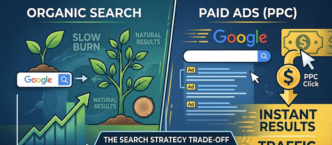 Organic SEO versus PPC comparison showing long-term compounding organic growth versus instant paid advertising results for business decision making