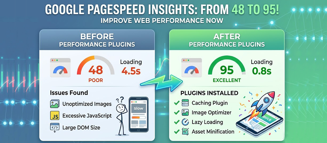 WordPress performance plugins improving Google PageSpeed Insights scores showing website speed improvement from caching and optimisation plugins