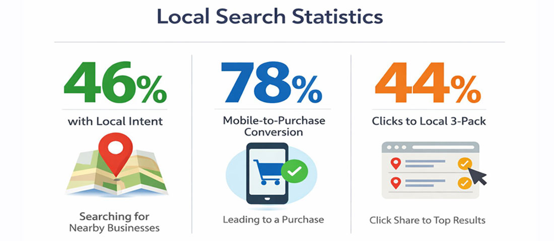 Local SEO statistics infographic showing 46 percent local search intent 78 percent mobile local purchase conversion and 44 percent click share to Google 3-pack