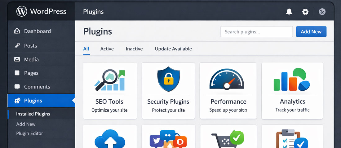 WordPress plugins dashboard showing best plugins for performance security SEO analytics and chatbot conversion in 2026