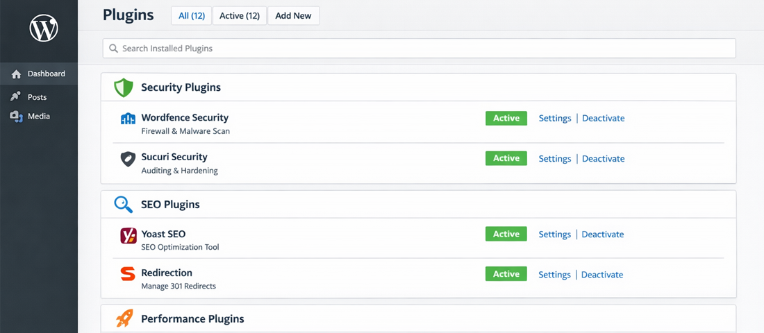 WordPress plugin management showing curated organised essential plugin stack covering security SEO performance and analytics categories