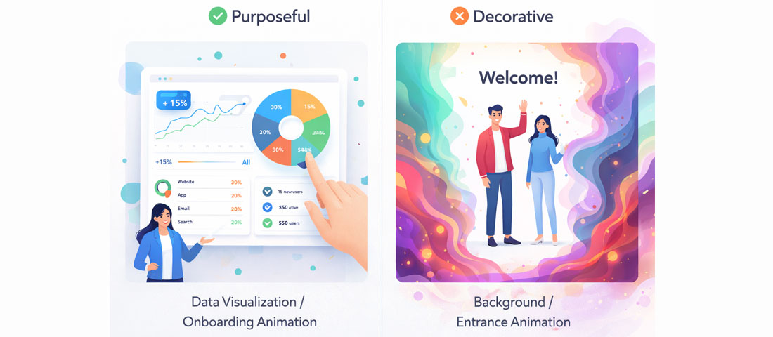 Purposeful web animation versus decorative animation comparison showing value-adding data visualisation versus distracting background animation on websites