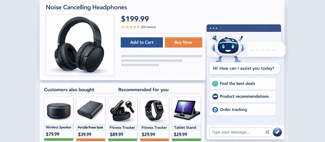 AI-powered eCommerce personalisation showing product recommendations chatbot assistant and personalised shopping experience on online store