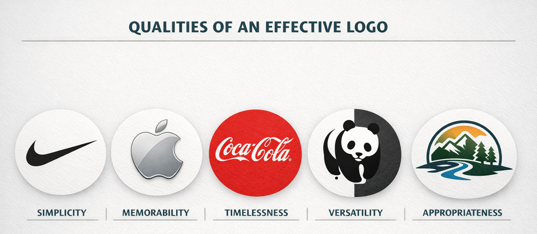Five qualities of effective logo design illustrated with examples showing simplicity, memorability, timelessness, versatility and appropriateness
