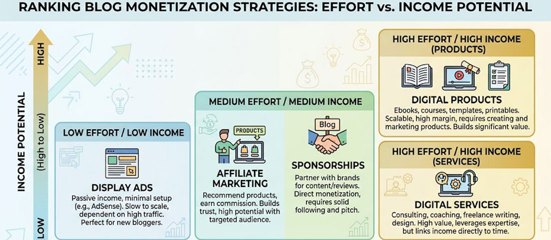 WordPress blog monetization strategies comparison showing display ads affiliate marketing sponsorships and digital products ranked by effort and income potential