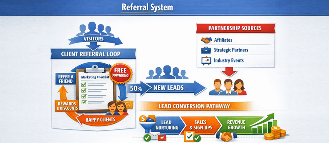 Referral system diagram showing client referral loop, partnership sources and lead conversion pathway