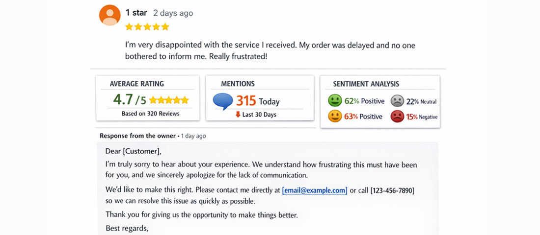 Example of professional business response to a negative Google review demonstrating empathy and resolution offer