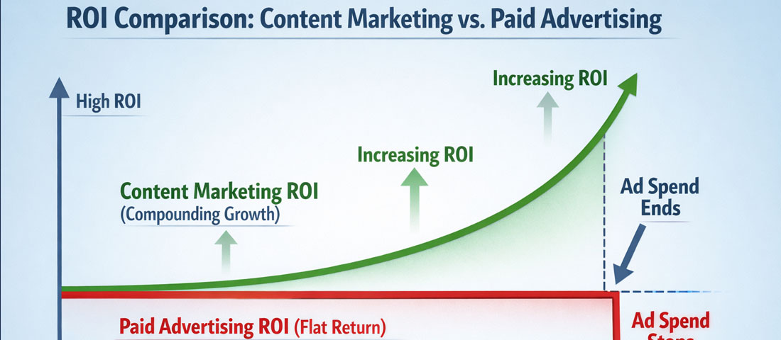 Content marketing ROI versus paid advertising comparison chart showing content marketing compounding returns versus flat paid advertising results over time