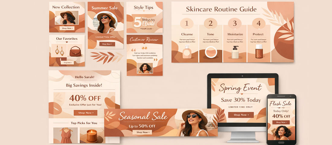 Brand visual marketing content examples showing social media templates, infographics, email designs and digital advertising in a consistent brand style