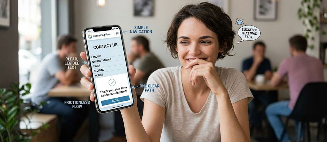 Satisfied customer completing website interaction showing positive result of good UI UX design with frictionless user experience