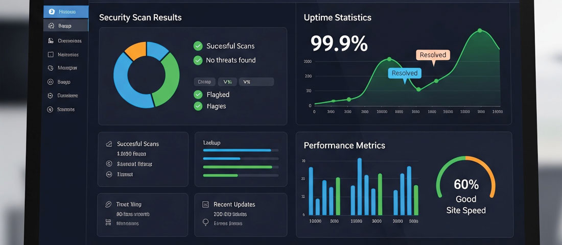 Professional website maintenance dashboard showing monthly health report with security scan results uptime statistics and performance metrics
