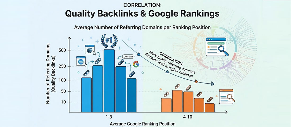 Backlink correlation with Google rankings graph showing relationship between referring domains and search position confirming backlinks matter in 2026