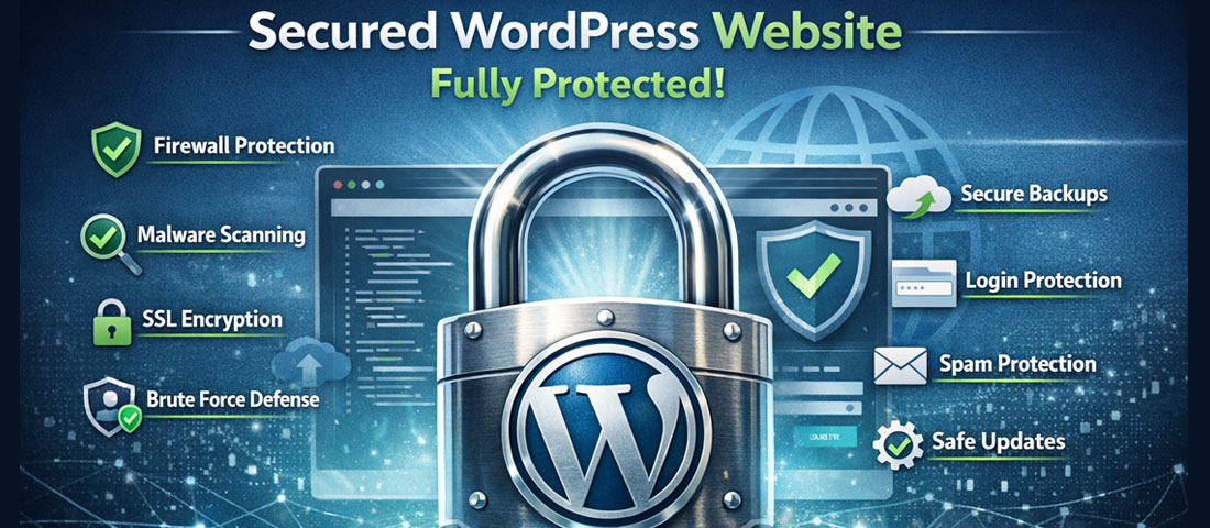 Secured WordPress website represented by padlock with green checkmarks showing all security measures implemented and site fully protected