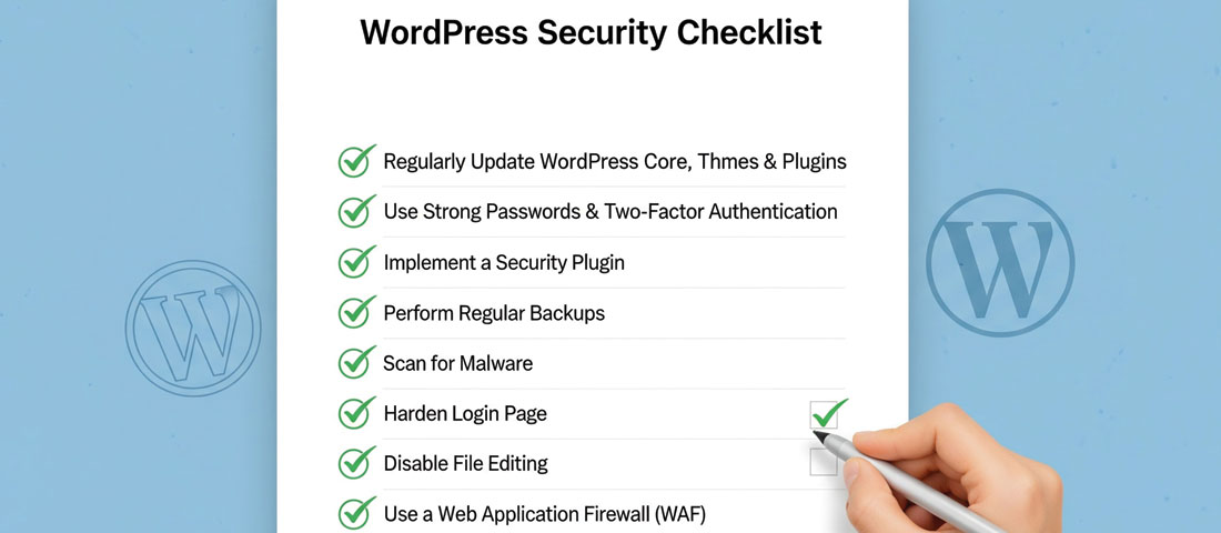 WordPress security checklist showing 15 essential protection measures being systematically implemented for a secure business website