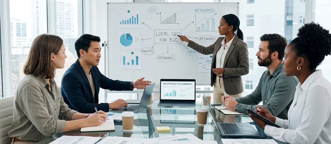 Business owners from different industries reviewing digital marketing and AI era SEO strategy together in 2026