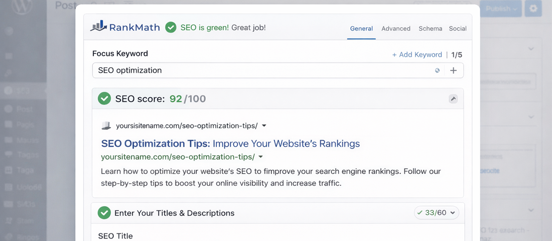 WordPress SEO plugin interface showing meta title description schema markup and SEO score within post editor for on-page optimisation