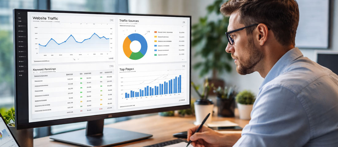 SEO expert in India reviewing analytics data and search rankings showing professional SEO agency services for international businesses in 2026