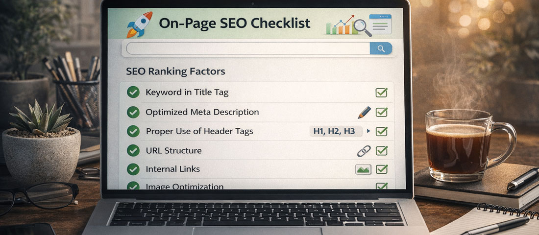 On-page SEO checklist showing all ranking factors on a laptop screen