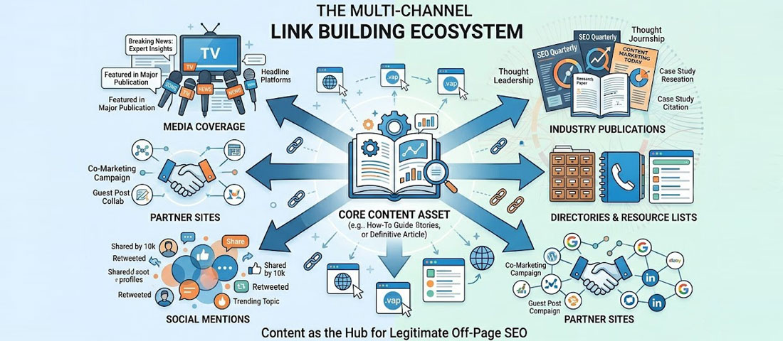 Off-page SEO link building ecosystem showing content at centre with links from media publications directories and partner sites